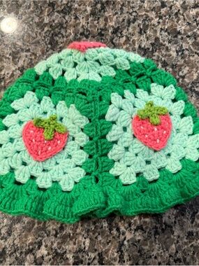 Handmade Green & Pink Crochet Strawberry Beanie